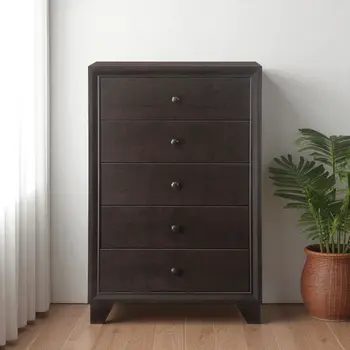 31" Espresso Solid Wood Five Drawer Dresser