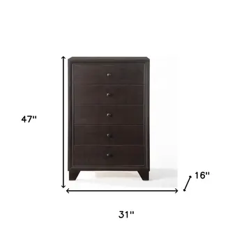 31" Espresso Solid Wood Five Drawer Dresser