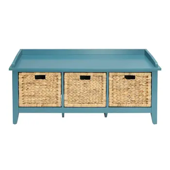 43" Teal Blue Solid Wood Storage Bench with Drawers