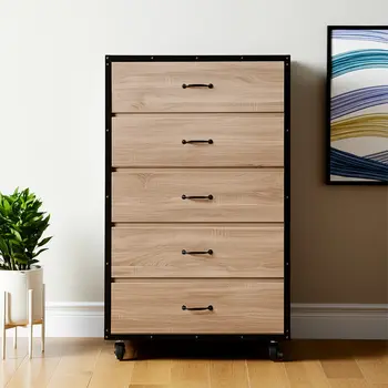 31" Oak Wood Five Drawer Dresser