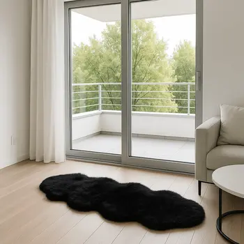 6' Black Genuine Sheepskin Animal Print Shag Area Rug