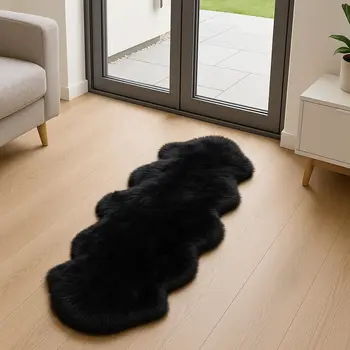6' Black Genuine Sheepskin Animal Print Shag Area Rug