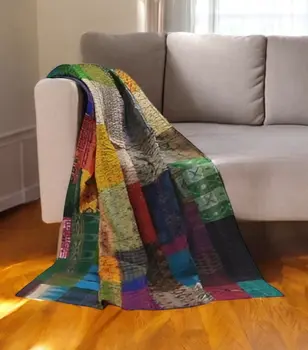 90" X 60" Blue Brown and Green Kantha Cotton Patchwork Throw Blanket with Embroidery