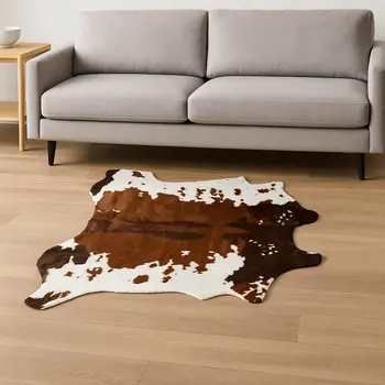 4' X 5' Brown And White Cowhide Print Hand Knotted Area Rug