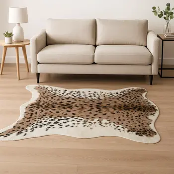 4' X 5' Ivory Black And Brown Faux Fur Animal Print Washable Area Rug