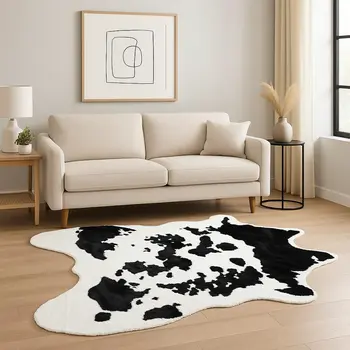 4' X 5' Black And White Faux Cowhide Animal Print Washable Area Rug