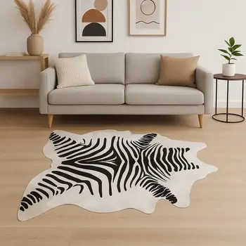 6' X 7' Black And Off White Cowhide Zebra Print Area Rug