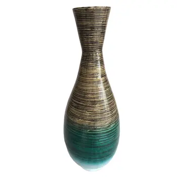 28" Distressed Aqua Spun Bamboo Artisan Floor Vase
