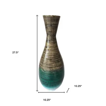 28" Distressed Aqua Spun Bamboo Artisan Floor Vase
