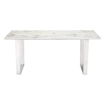 71" White And Silver Marble And Steel Sled Base Dining Table