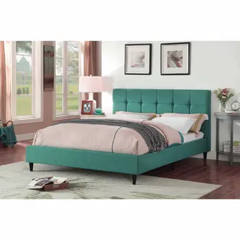 California King Blue Modern Upholstered Square Stitched Platform Bed