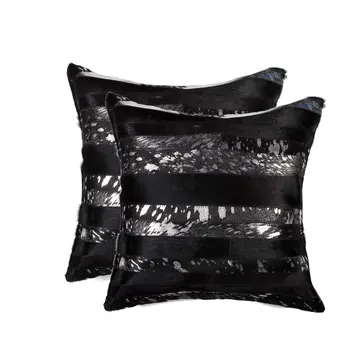 Set of Two 18" Gold and Black Cowhide Throw Pillows