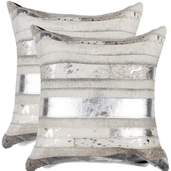 Set of Two 18" Silver And Gray Cowhide Throw Pillows
