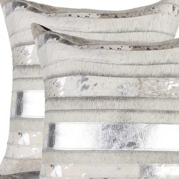 Set of Two 18" Silver And Gray Cowhide Throw Pillows