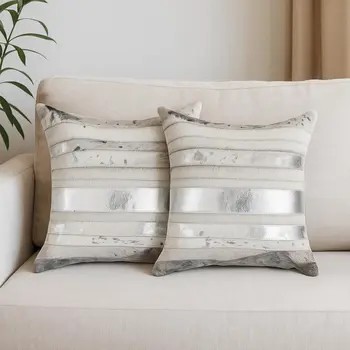 Set of Two 18" Silver And Gray Cowhide Throw Pillows