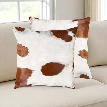 Set of Two 18" Brown And White Cowhide Throw Pillows