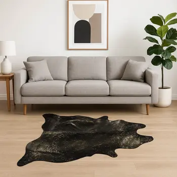 5' X 7' Black And Gold Cowhide Cowhide Print Area Rug