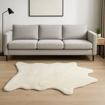 5' X 8' Off White Faux Fur Hand Knotted Washable Area Rug