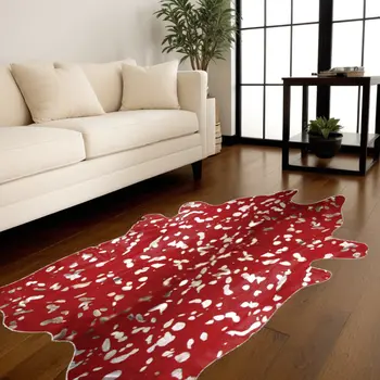 6' X 7' Red And Silver Cowhide Area Rug