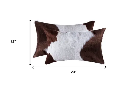 Set of Two 12" X 20" Brown and White Genuine Cowhide Throw Pillows