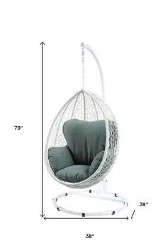 38" White Metal Swing Chair With Green Cushion