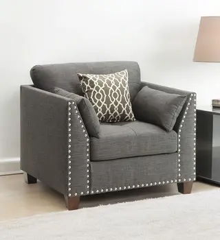 34" Charcoal and Brown Linen Arm Chair And Toss Pillows