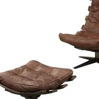27" Brown and Black Top Grain Leather Tufted Swivel Lounge Chair With Ottoman