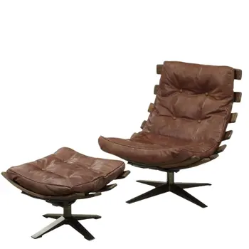 27" Brown and Black Top Grain Leather Tufted Swivel Lounge Chair With Ottoman