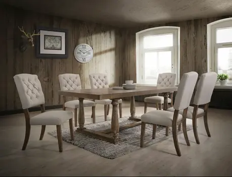 Set of Two Tufted Cream and Brown Upholstered Linen Open Back Dining Side Chairs