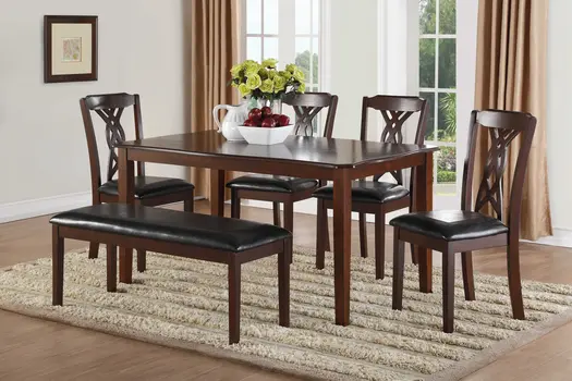 60" X 36" X 30" 6Pc Black Leatherette And Espresso Dining Set