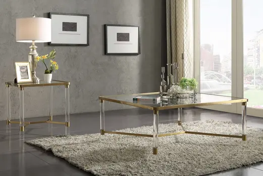 39" X 39" X 17" Clear Acrylic Gold Stainless Steel And Clear Glass Coffee Table