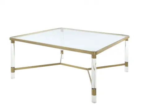 39" X 39" X 17" Clear Acrylic Gold Stainless Steel And Clear Glass Coffee Table