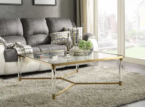 39" X 39" X 17" Clear Acrylic Gold Stainless Steel And Clear Glass Coffee Table