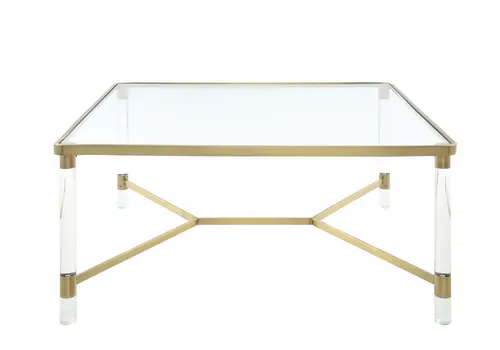 39" X 39" X 17" Clear Acrylic Gold Stainless Steel And Clear Glass Coffee Table