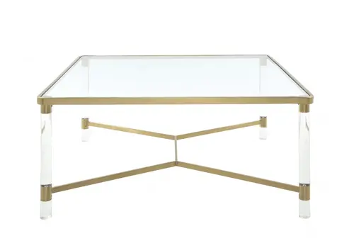 39" X 39" X 17" Clear Acrylic Gold Stainless Steel And Clear Glass Coffee Table