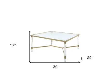 39" X 39" X 17" Clear Acrylic Gold Stainless Steel And Clear Glass Coffee Table