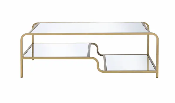 52" Clear and Gold Mirrored Glass And Iron Coffee Table With Shelf