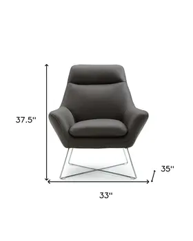 33" Gray and Silver Italian Leather Tufted Arm Chair