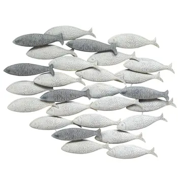 37" Gray And Antiqued White Metal School Of Fish Hanging Dimensional Sculpture