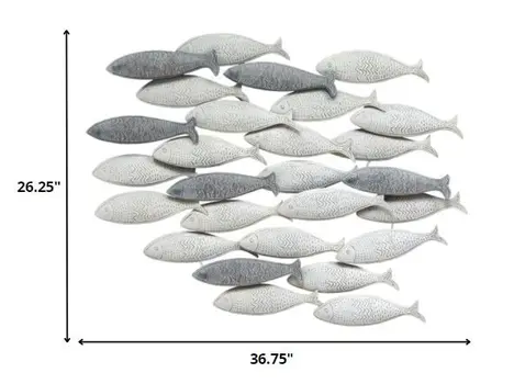 37" Gray And Antiqued White Metal School Of Fish Hanging Dimensional Sculpture