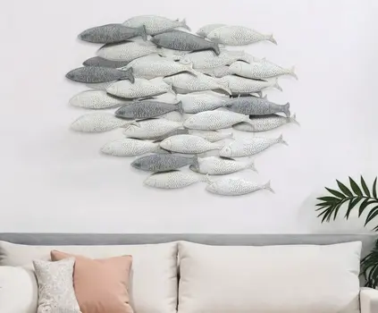 37" Gray And Antiqued White Metal School Of Fish Hanging Dimensional Sculpture
