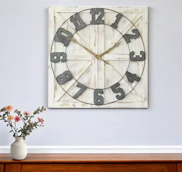 Square Distressed Wood And Metal Wall Clock