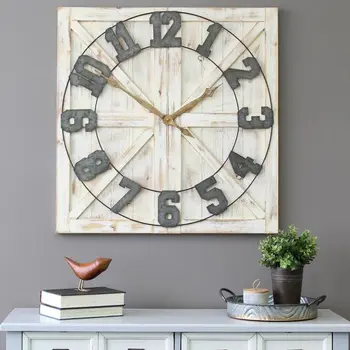 Square Distressed Wood And Metal Wall Clock