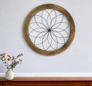 26" Light Brown Wood And Metal Circle Flower Hanging Dimensional Sculpture