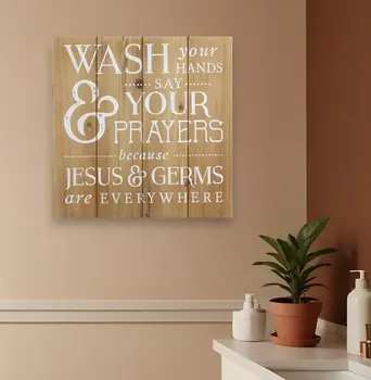 12" Natural And White Wash Your Hands Say Your Prayers Wood Plank Wall Art