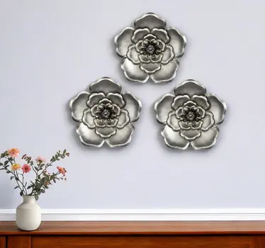 Set of Three Silver Metal Wall Flowers Hanging Dimensional Sculptures