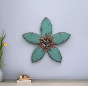 Distressed Teal And Red Antique Flower Metalwall Decor