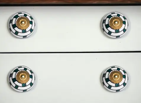 Set of Eight Green White And Gold Geometric Ceramic Drawer Pull Knobs