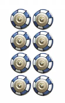 Set of Eight Blue White And Gold Geometric Ceramic Drawer Pull Knobs
