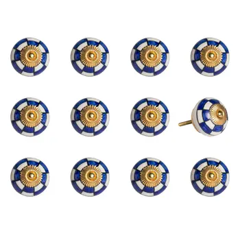 Set of Twelve Blue White And Gold Geometric Ceramic Drawer Pull Knobs